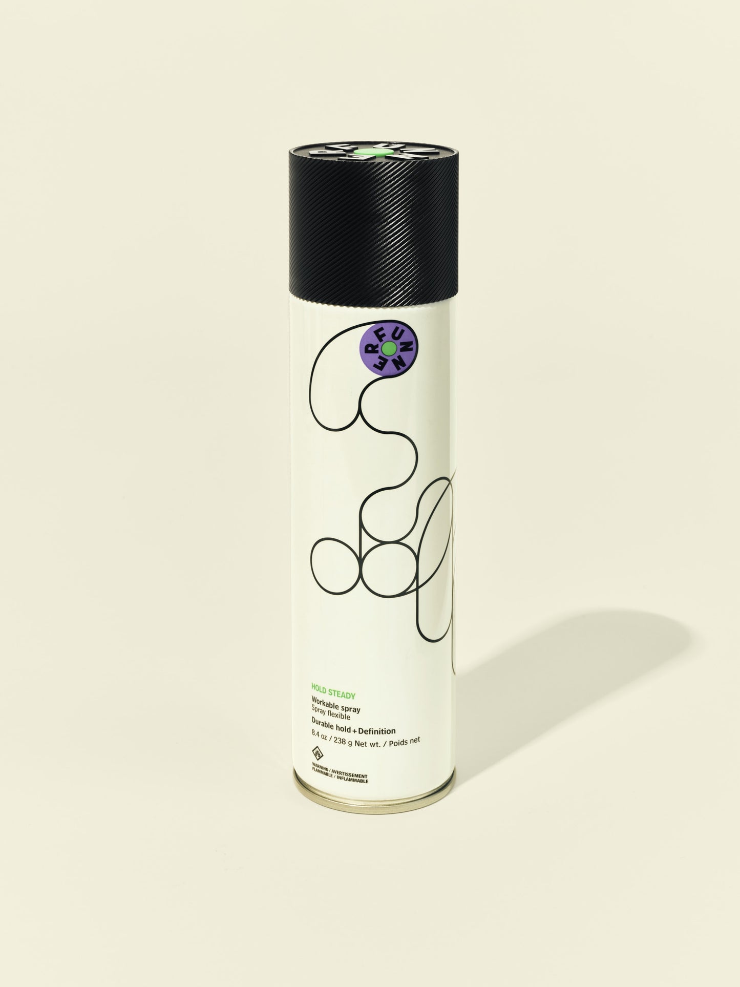 Front solo packshot of Hold Steady aerosol against a beige background